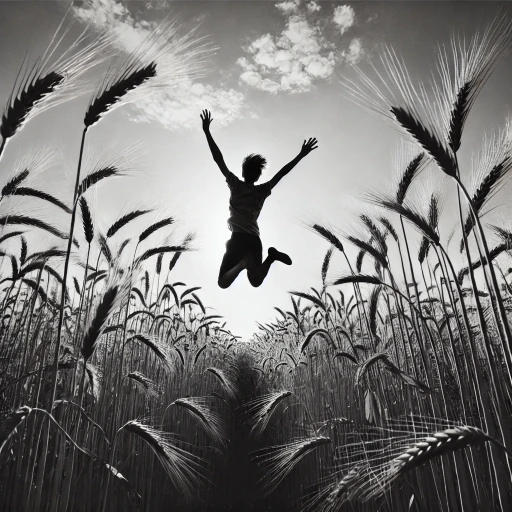 person jumping for joy in a field of wheat